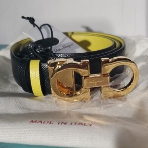 Salvatore Ferragamo Black and Yellow Leather Belt with Gold Gancini Buckle - New